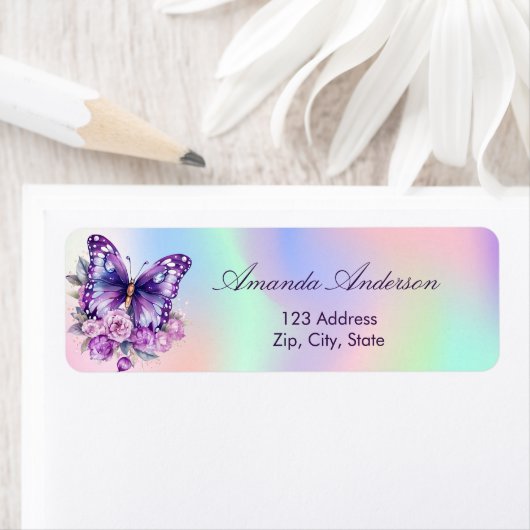 Butterfly paarse holografisch retouradres etiket (Insitu)