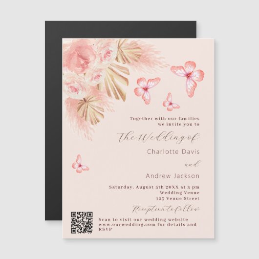Butterfly pampas gras roos QR RSVP luxe bruiloft Magnetische Uitnodiging (Voorkant / Achterkant)