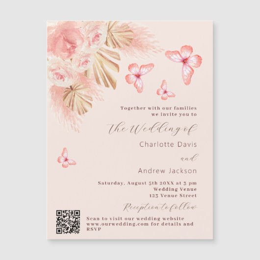 Butterfly pampas gras roos QR RSVP luxe bruiloft Magnetische Uitnodiging (Voorkant)