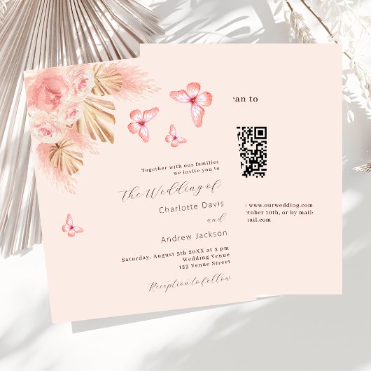 Butterfly pampas QR RSVP budget bruiloft uitnodigi