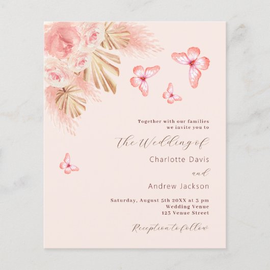 Butterfly pampas QR RSVP budget bruiloft uitnodigi (Voorkant)