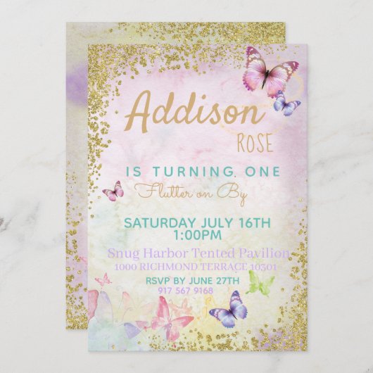 Butterfly Pastel Birthday Kaart (Voorkant / Achterkant)