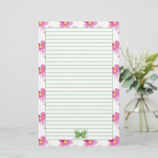 Butterfly Pastel Roze Waterverf Bloemen Vol Briefpapier (Staand voorkant)