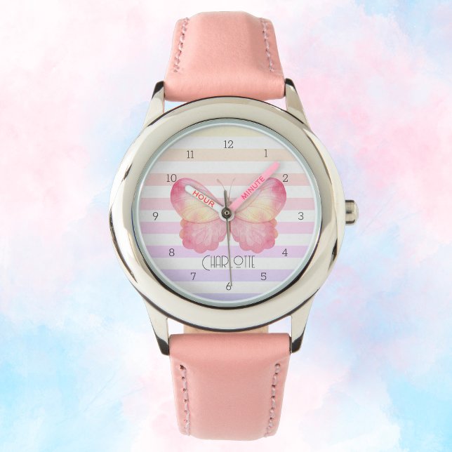 Butterfly Pastel Stripes Charm Pattern Horloge (Personalized Girly Kids Watch with Butterfly)