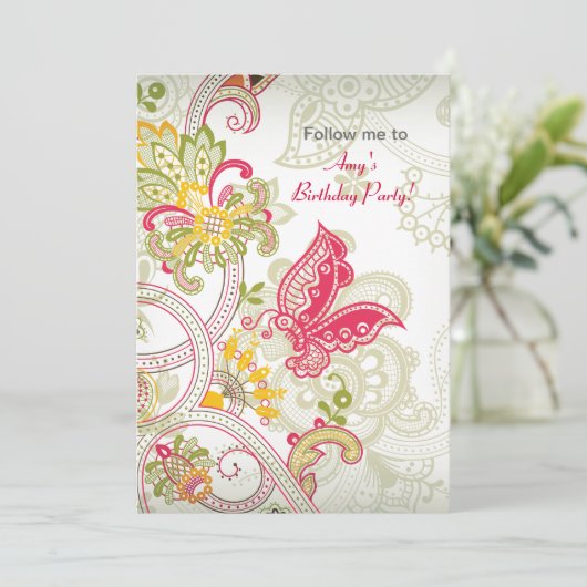Butterfly Patch Birthday Invitation Kaart (Staand voorkant)