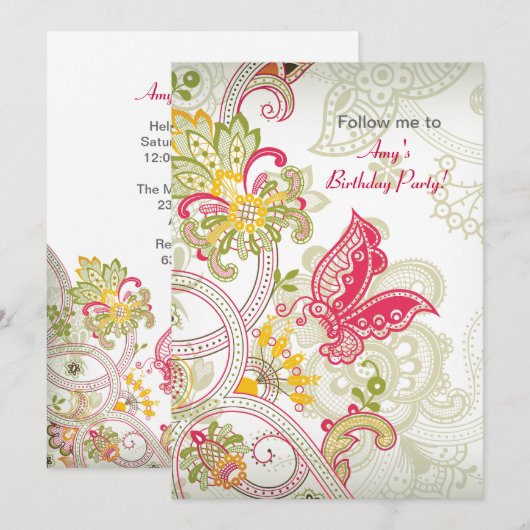 Butterfly Patch Birthday Invitation Kaart (Voorkant / Achterkant)