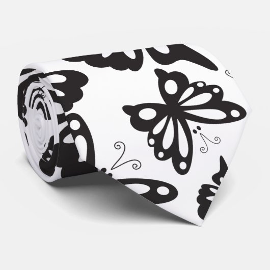 Butterfly Pattern - Black and White Stropdas (Opgerold)