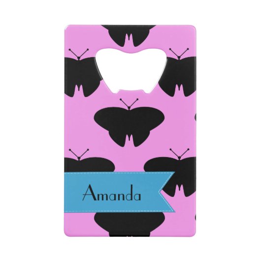 Butterfly Pattern, Black Butterflies, Jouw naam Creditkaart Flessenopener (Voorkant)