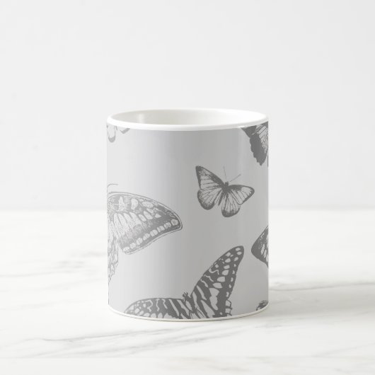 Butterfly Pattern, Grey Butterflies, Jouw naam Koffiemok (Center)