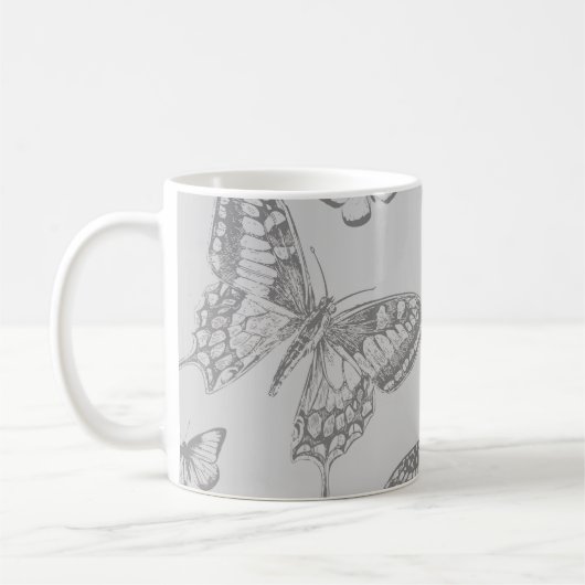 Butterfly Pattern, Grey Butterflies, Jouw naam Koffiemok (Links)