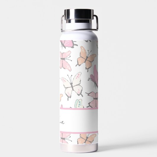 Butterfly Pattern met naam en monogram Waterfles (Achterkant)