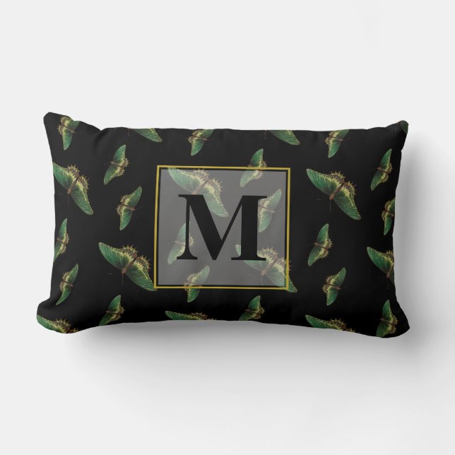 Butterfly Pattern Monogram Black en Green Kussen (Voorkant)