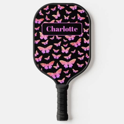 Butterfly Pattern Monogram Naam Roze Pickleball Paddle (Voorkant)