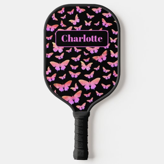  Butterfly Pattern Monogram Naam Roze Pickleball Paddle (Achterkant)