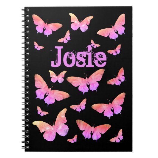Butterfly Pattern Naam toevoegen Roze en Zwart Notitieboek (Voorkant)