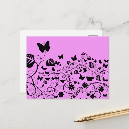 Butterfly Pattern, Patroon of Butterflies, Roze Briefkaart (Voorkant / Achterkant in situ)