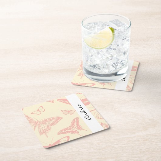 Butterfly Pattern, roze Butterflies, Jouw naam Kartonnen Onderzetters (Insitu)