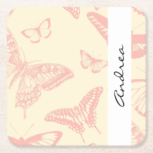 Butterfly Pattern, roze Butterflies, Jouw naam Kartonnen Onderzetters (Voorkant)