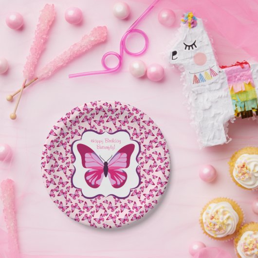 Butterfly Pattern  Roze Paars Papieren Bordje (Feest)