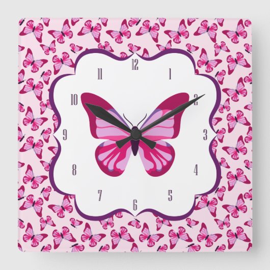 Butterfly Pattern  Roze Paars Vierkante Klok (Voorkant)