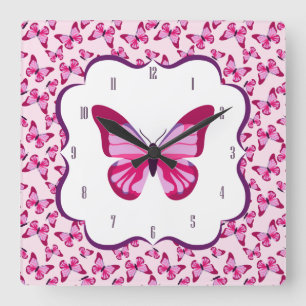 Butterfly Pattern  Roze Paars Vierkante Klok