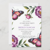 Butterfly & Peony Girl 1e. verjaardagsfeestje Kaart (Voorkant)