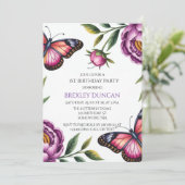 Butterfly & Peony Girl 1e. verjaardagsfeestje Kaart (Staand voorkant)