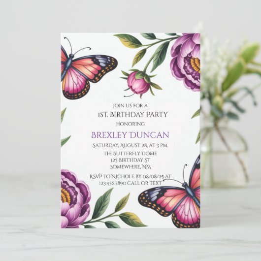 Butterfly & Peony Girl 1e. verjaardagsfeestje Kaart (Staand voorkant)
