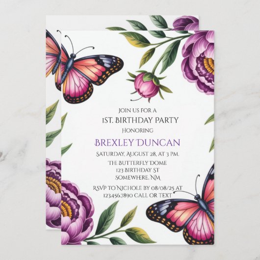 Butterfly & Peony Girl 1e. verjaardagsfeestje Kaart (Voorkant / Achterkant)
