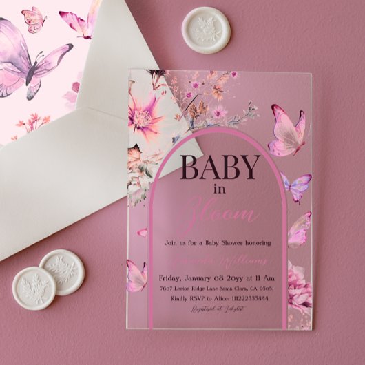 Butterfly Pink Baby in Bloom Girl Baby shower Acryl Uitnodigingen
