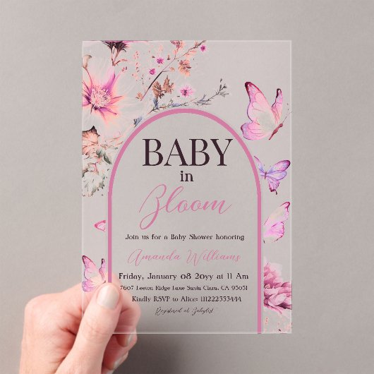Butterfly Pink Baby in Bloom Girl Baby shower Acryl Uitnodigingen (Insitu (Draagbaar))