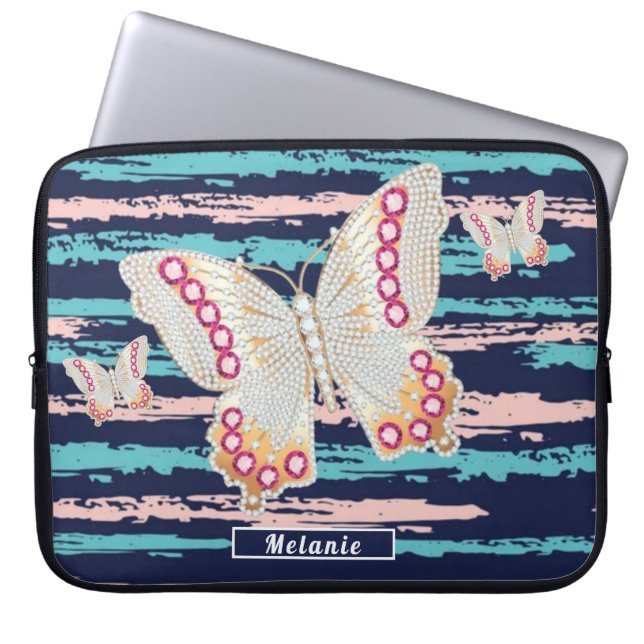 Butterfly Pink blue groovy stripes monogrammed Laptop Sleeve (Voorkant)