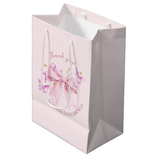 Butterfly Pink Bow Baby Shower Medium Cadeauzakje (Voorkant Gekanteld)
