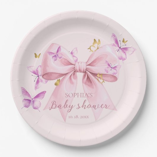 Butterfly Pink Bow Baby Shower  Papieren Bordje (Voorkant)