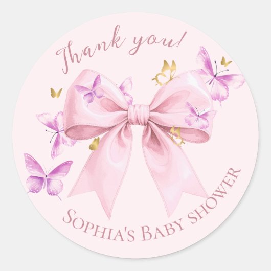 Butterfly Pink Bow Baby Shower  Ronde Sticker (Voorkant)