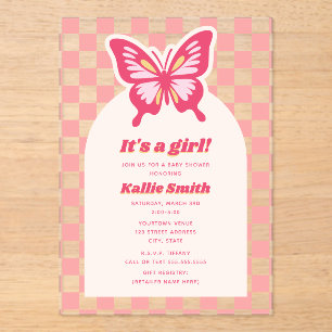 Butterfly Pink Checkerboard Girl Baby shower Acryl Uitnodigingen