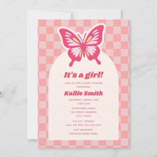 Butterfly Pink Checkerboard Girl Baby shower Kaart (Voorkant)