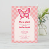 Butterfly Pink Checkerboard Girl Baby shower Kaart (Staand voorkant)