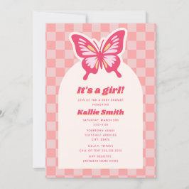 Butterfly Pink Checkerboard Girl Baby shower Kaart