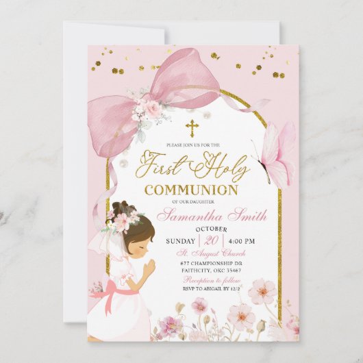 Butterfly Pink Coquette Girl First Holy Communion Kaart (Voorkant)