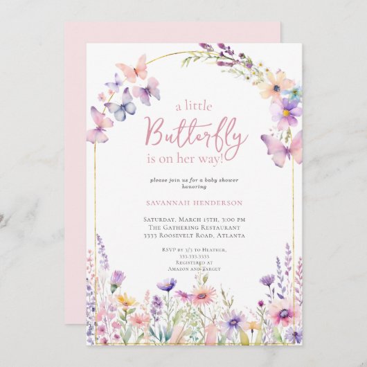 Butterfly Pink Floral Baby shower Kaart (Voorkant / Achterkant)