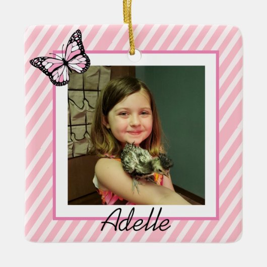  Butterfly Pink Girl's Foto Kerstmis Keramisch Ornament (Voorkant)