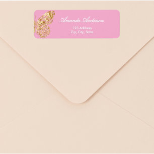 Butterfly pink gold retouradres etiket