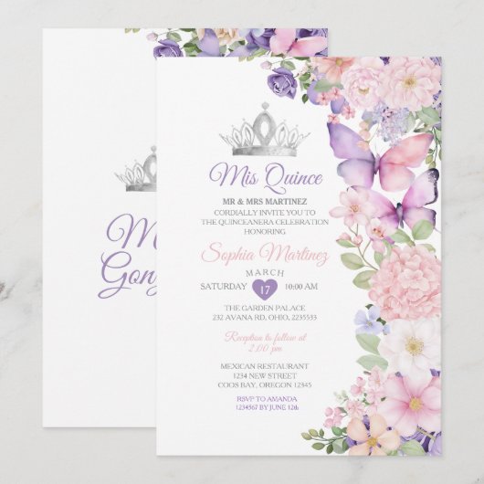 Butterfly Pink Purple Quinceanera Birthday  Kaart (Voorkant / Achterkant)