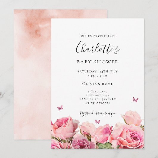 Butterfly Pink Rose Girl Baby Shower Invitation Kaart (Voorkant / Achterkant)