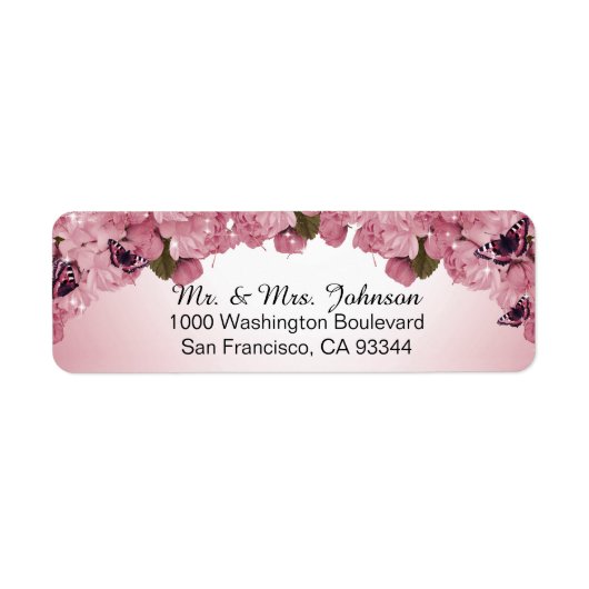 Butterfly Pink Roses Bruiloft Retouradres Etiket (Voorkant)