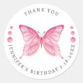 Butterfly Pink Waterverf Verjaardag Dank u Ronde Sticker (Voorkant)