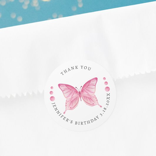 Butterfly Pink Waterverf Verjaardag Dank u Ronde Sticker
