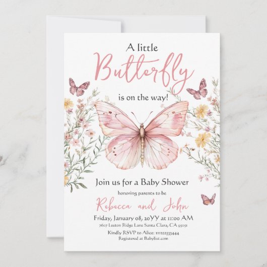 Butterfly Pink Wildflower Bloemen Meisje Baby show Kaart (Voorkant)