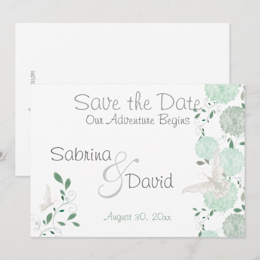 Butterfly Pistachio Chrysanthemum Save the Date (Voorkant / Achterkant)